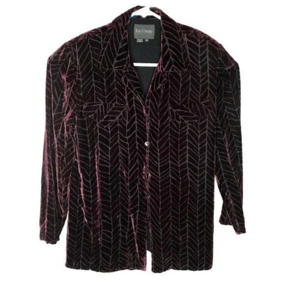 Kay Unger Women's Velvet Semi Sheer Shirt Purple Size 8 Button Front Collared Lo - Picture 1 of 3